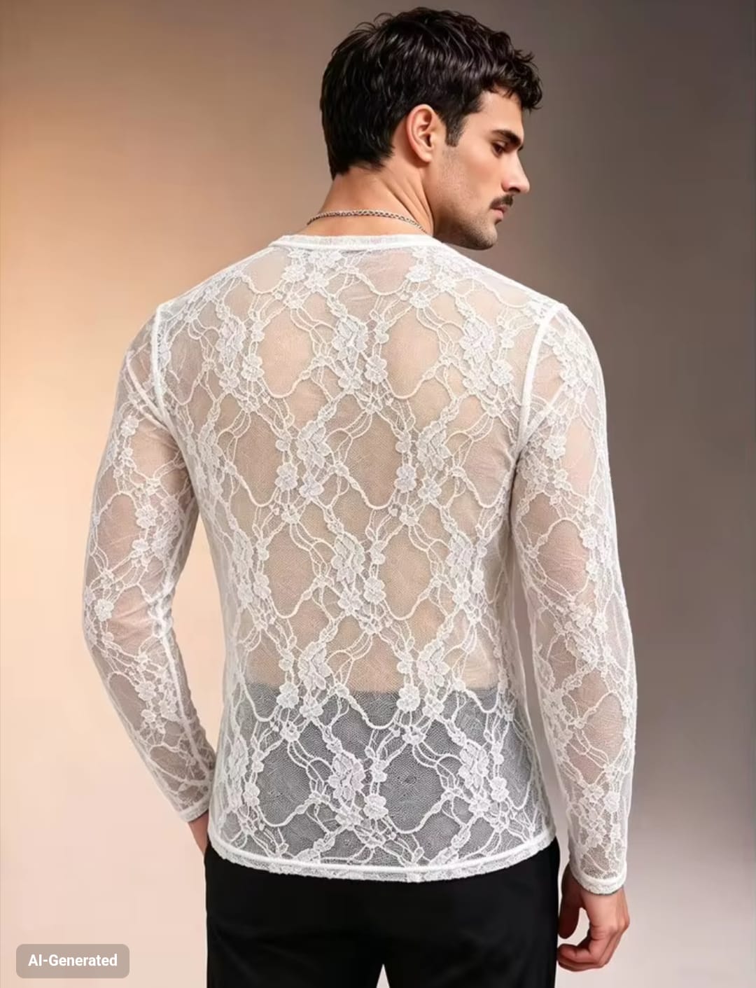 Men's High-Stretch Sheer Floral Lace Crewneck Long Sleeve Fitted T-Shirt